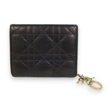 Christian Dior Lady Logo Charm Leather Bi-fold Wallet Compact Black Women's