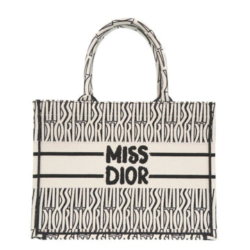 Christian Dior Book Tote Medium Embroidered Canvas White Black Handbag 1743Christian