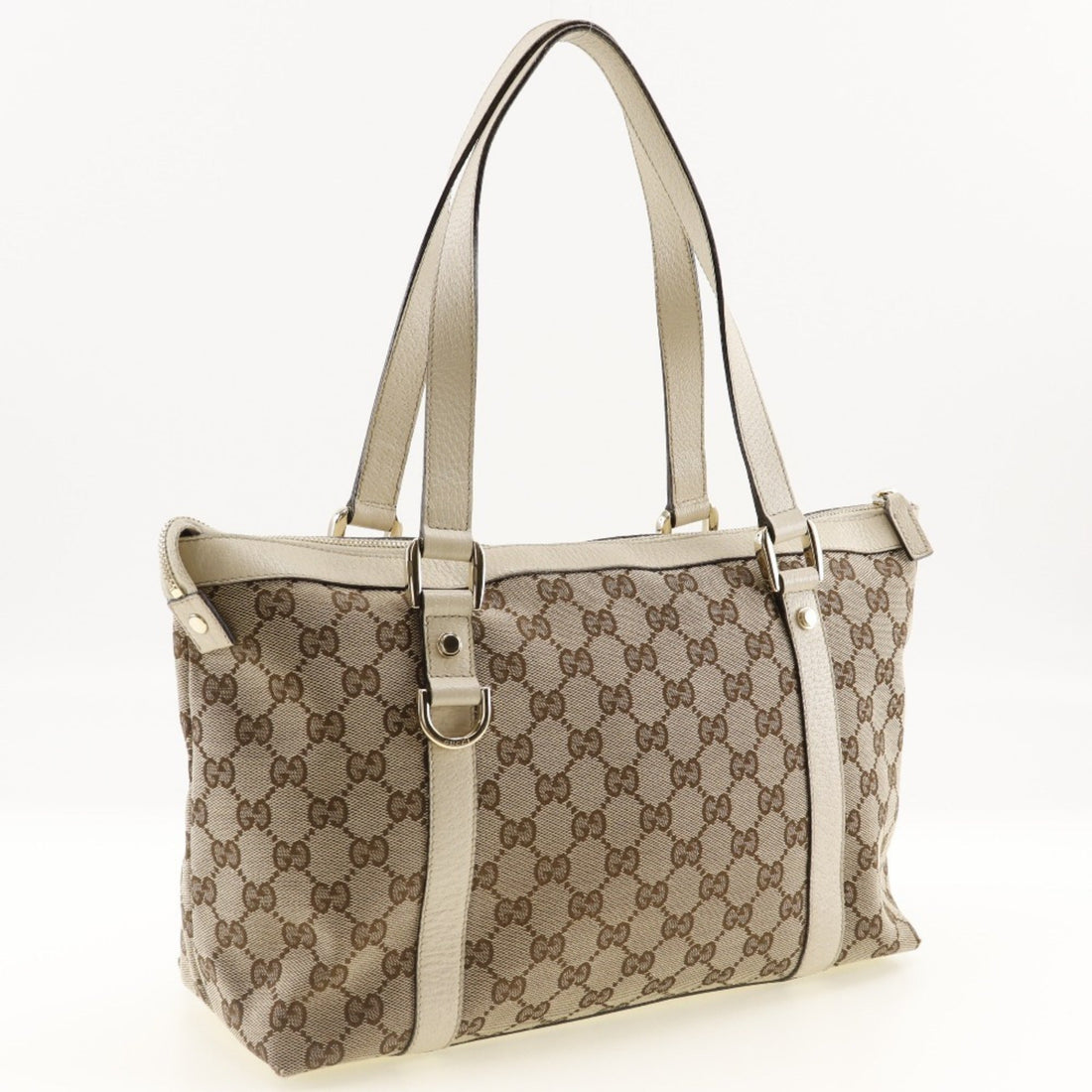 GUCCI Abbey Line Tote Bag 141470 VS Canvas x Leather Made in Italy Beige Shoulder Zipper line Ladies