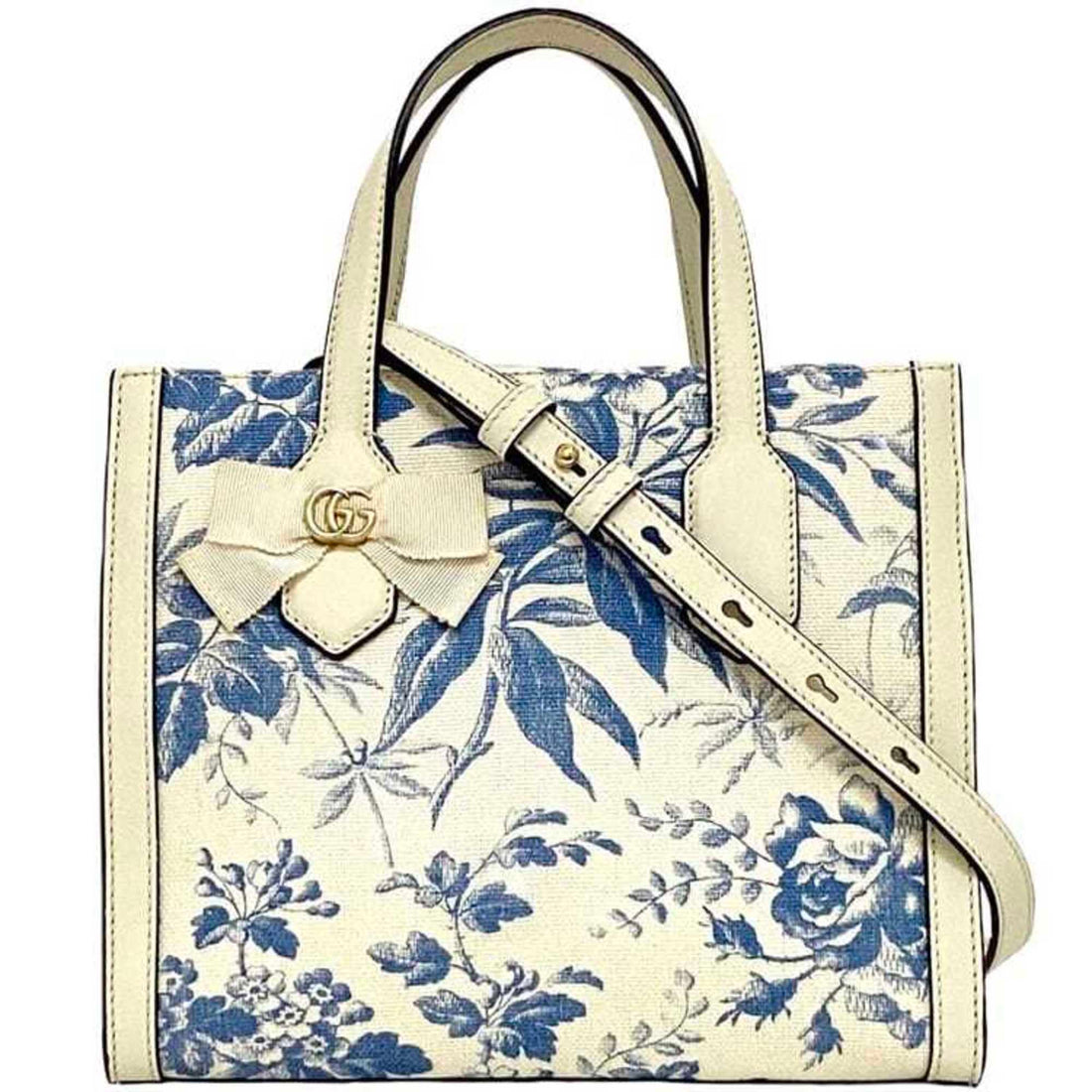 Gucci 2-way bag f-21163 White Blue Flower Herbarium 443089 VS Ribbon Canvas Leather GUCCI Japan Exclusive Freestanding