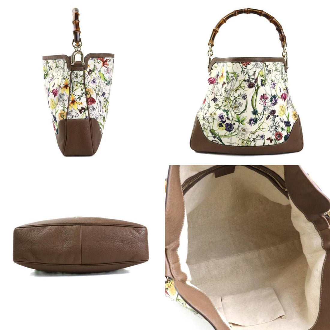GUCCI Handbag Shoulder Bag Bamboo Flora Canvas Leather Brown x Ivory Multicolor Women's 282315 t19650g
