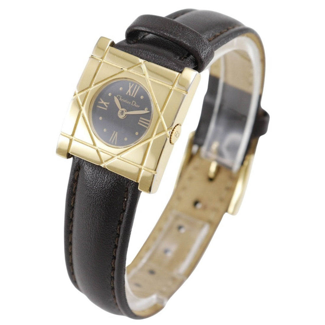 Christian Dior Dior Cannage Square Watch D82-150 Gold Plated x Embossed Leather Quartz Analog Display Black Dial Women's