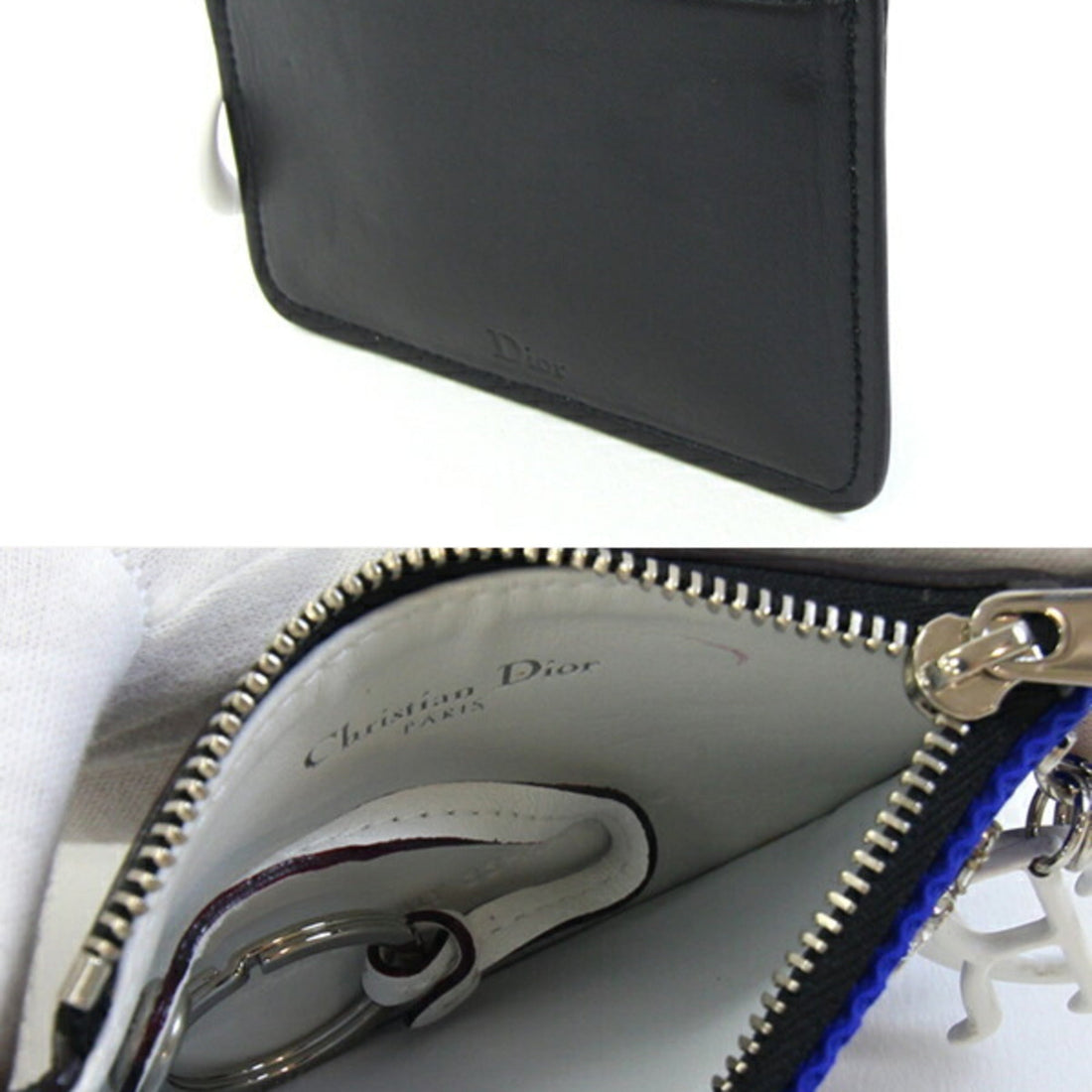 Christian Dior Dior Coin Case Blue White Leather Mini Pouch Purse Beads Women's DIOR