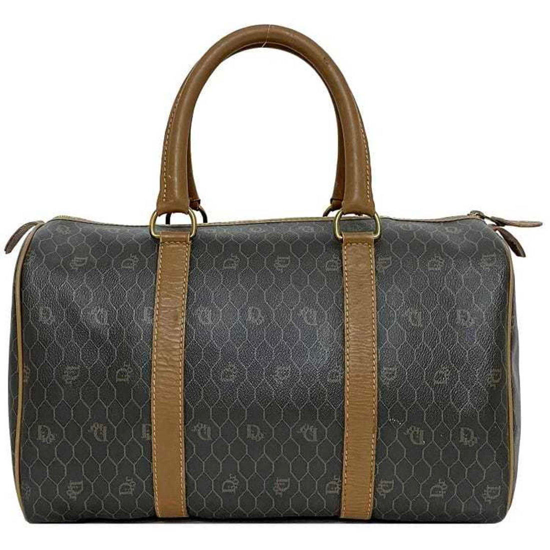 Christian Dior Boston Bag Gray Brown Honeycomb ec-20502 PVC Leather Women's