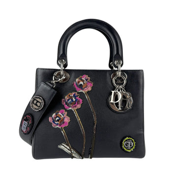 Christian Dior handbag shoulder bag Lady leather black multicolor silver women's z4886