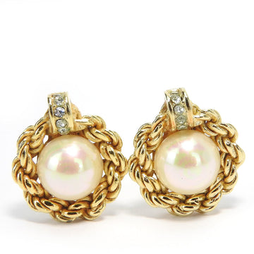 Christian Dior Earrings Metal Gold Rhinestone Faux Pearl Women's