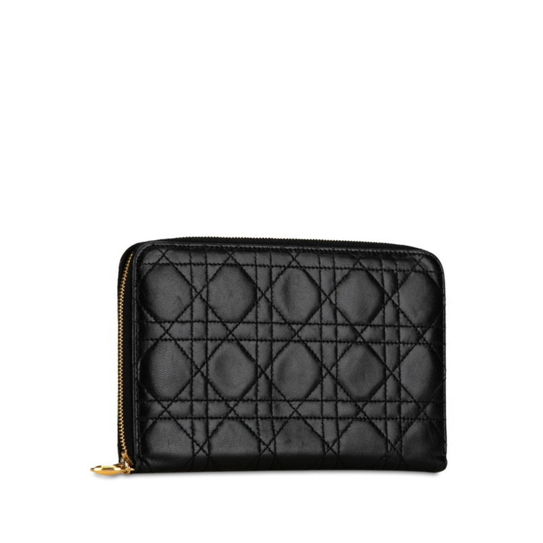Christian Dior Dior Cannage Round Long Wallet Black Leather Women's