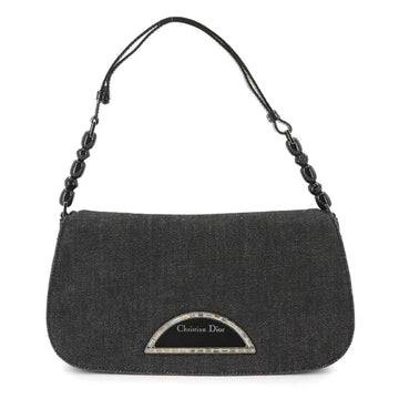 Christian Dior Maris Pearl Shoulder Bag Denim Leather Black Beads Silver Hardware