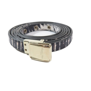 Christian Dior Leather Gold Hardware Logo Buckle Animal Print Narrow Belt All-over Pattern Black White Women's