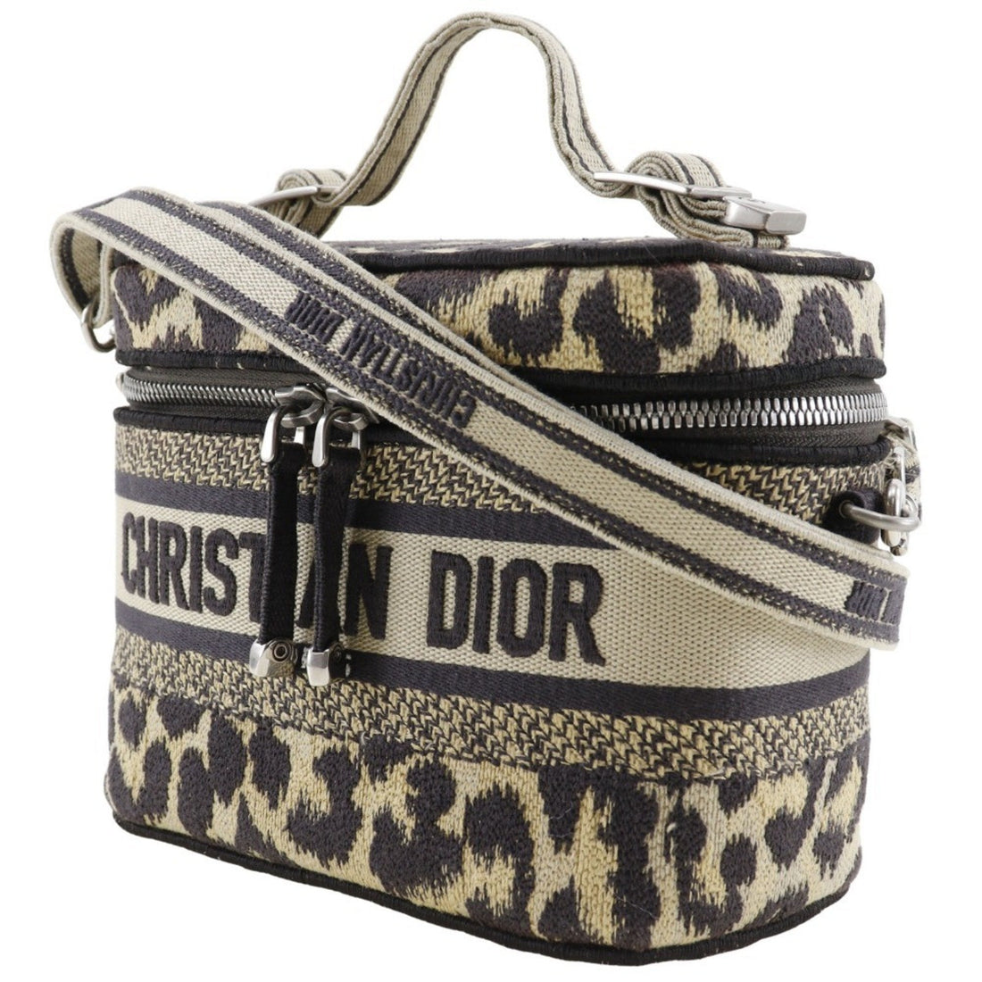 Christian Dior Vanity Handbag Shoulder Leopard Canvas Beige 2way Double Women's