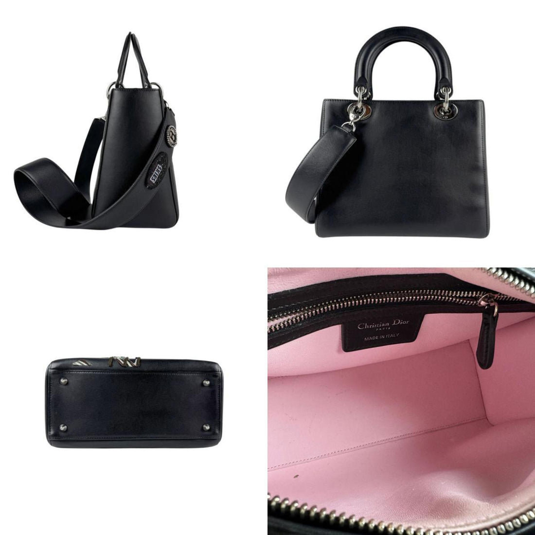 Christian Dior handbag shoulder bag Lady leather black multicolor silver women's z4886