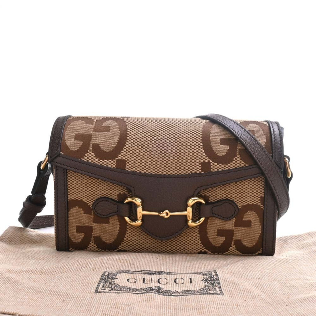 GUCCI Horsebit 1955 Jumbo VS Canvas Leather Shoulder Bag 699296 Beige/Brown Women's
