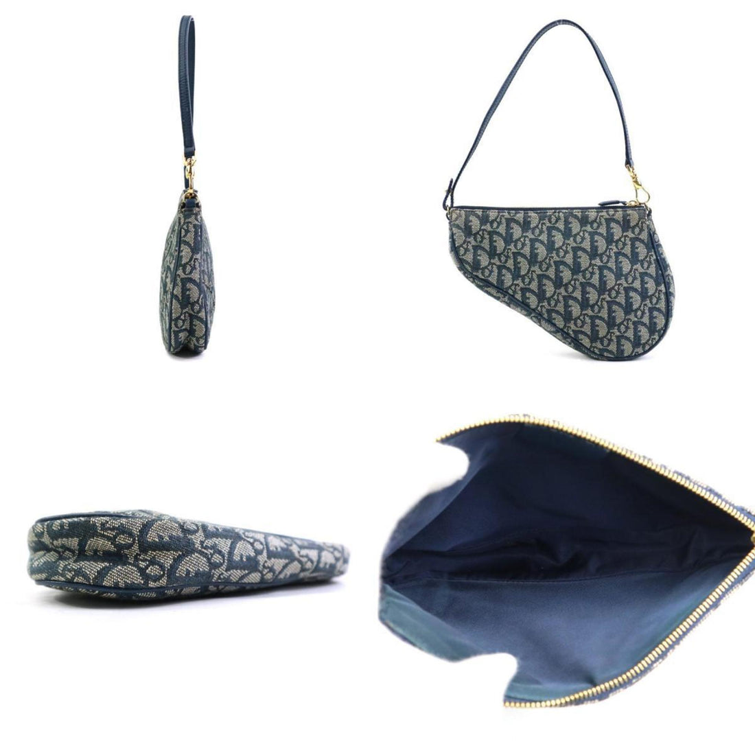 Christian Dior Shoulder Bag Trotter Saddle Pouch Canvas Navy Gold Women's W1124G
