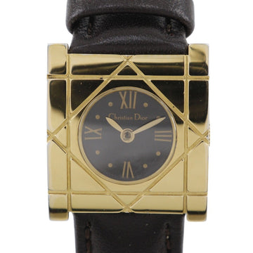 Christian Dior Dior Cannage Square Watch D82-150 Gold Plated x Embossed Leather Quartz Analog Display Black Dial Women's