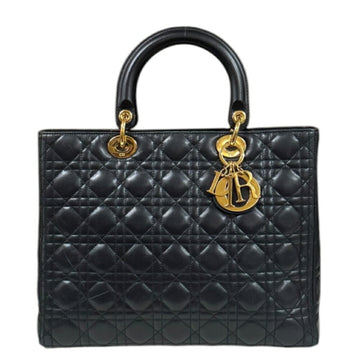 Christian Dior Dior Lady Large Cannage Handbag Leather Black Women's