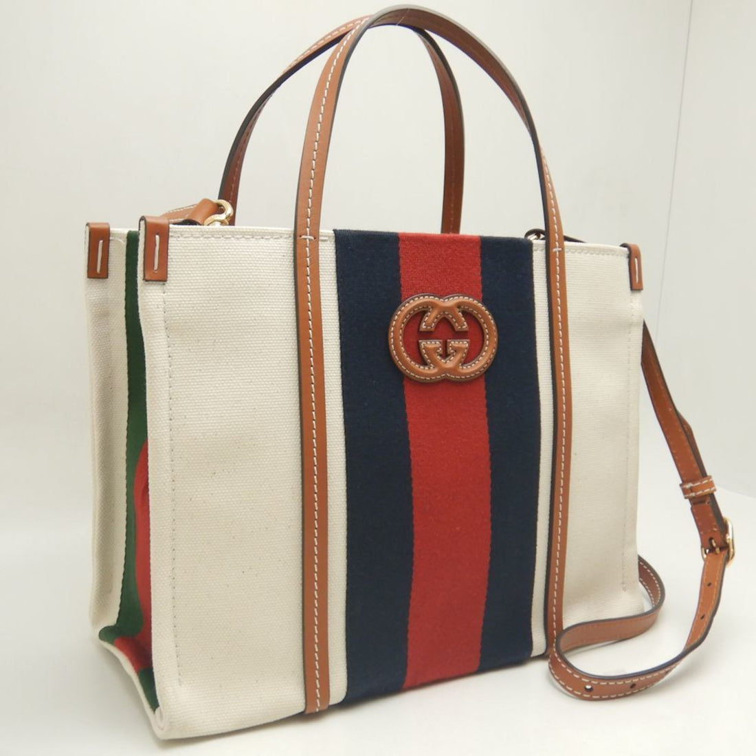 GUCCI Small 727728 Tote Bag Interlocking G Canvas Ivory Brown 252234