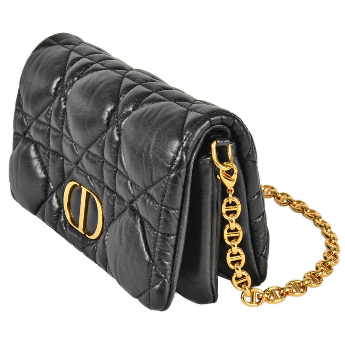 Christian Dior Dior CARO Macrocannage Chain Shoulder Wallet Leather Black Women's