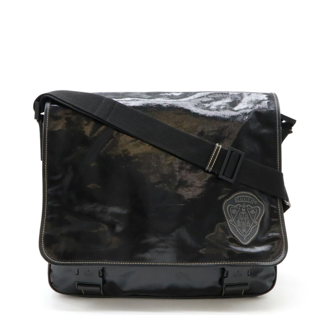GUCCI Crest Emblem Shoulder Bag Coated Canvas Black 181094