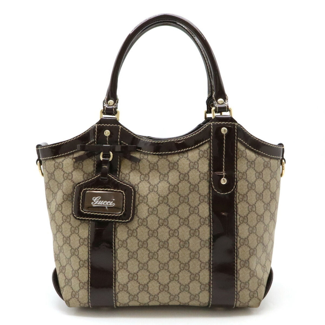 GUCCI VS Supreme Ribbon Tote Bag Shoulder PVC Patent Leather Khaki Beige Dark Brown 203521