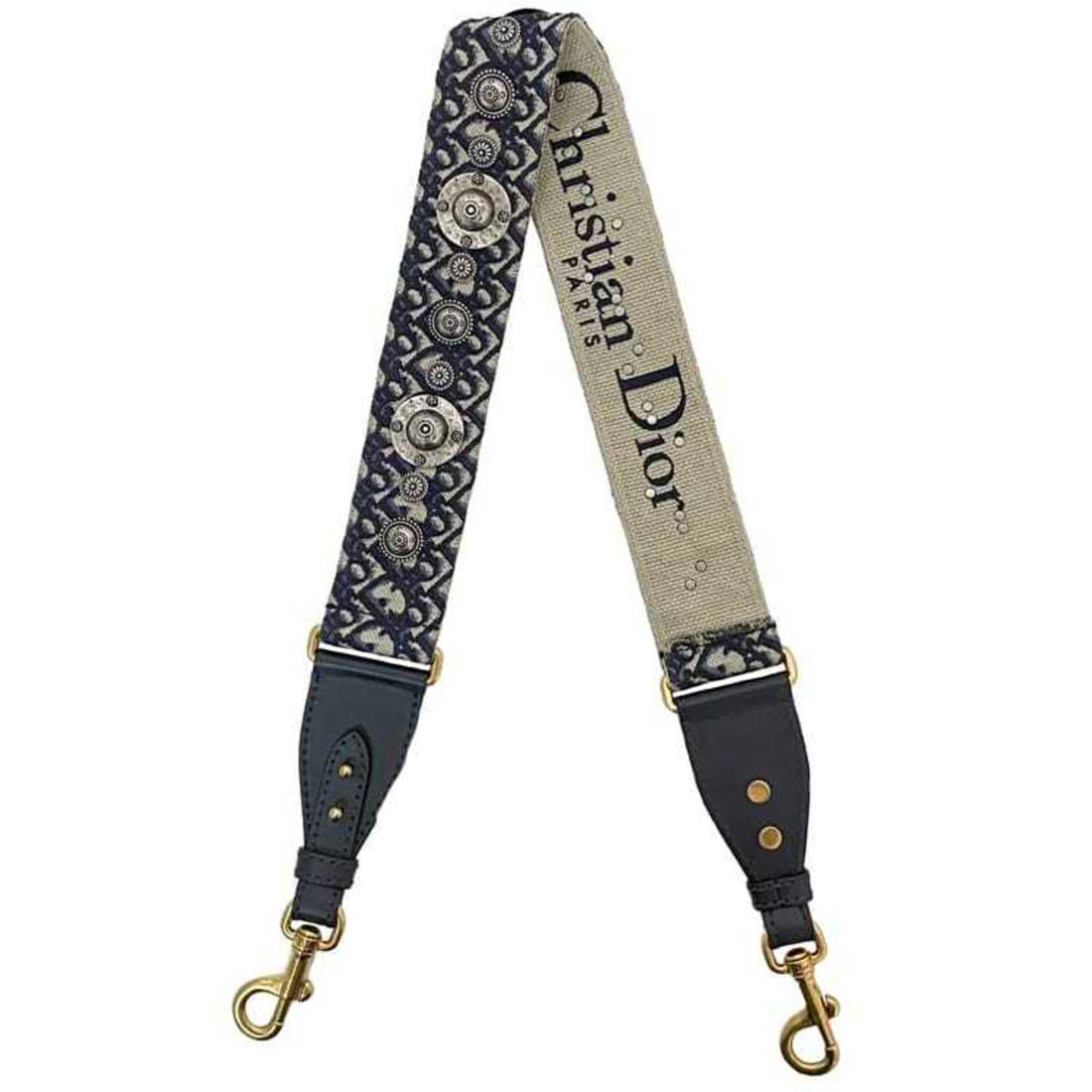 Christian Dior Shoulder Strap ec-21506 Navy Beige Trotter Canvas Leather Studs Coin Women's