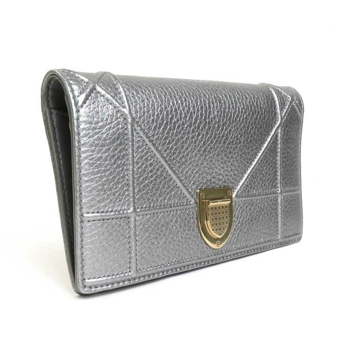 Christian Dior Bifold Long Wallet Diorama Leather Silver Women's