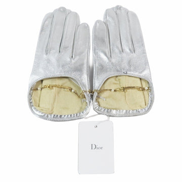 Christian Dior Lamb Leather Gloves with Logo and Pearl Chain Charm, Metallic Silver, Women's