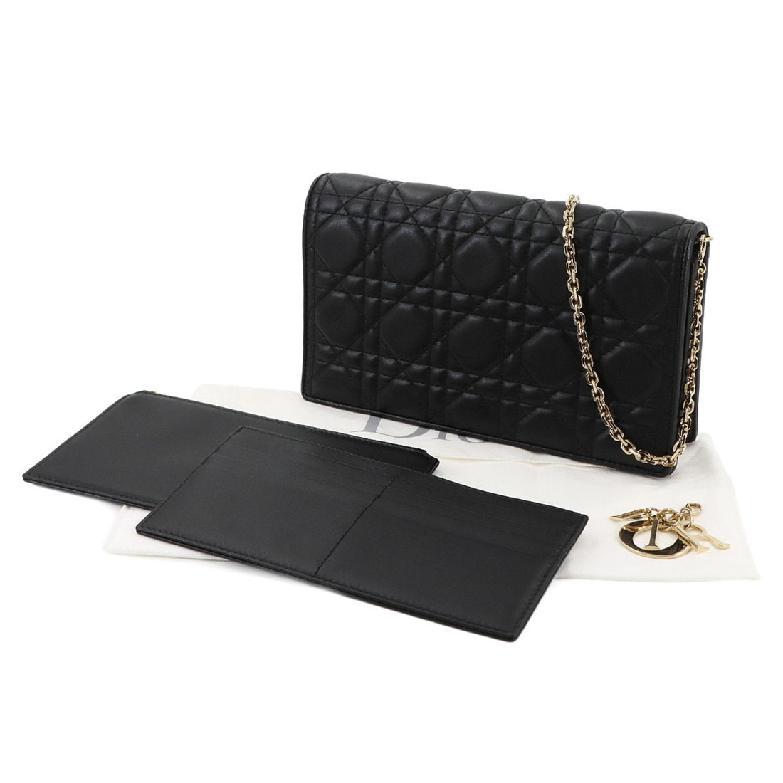 Christian Dior Cannage Lady Pouch Chain Wallet Bi-fold Long Leather Black S0204SO1