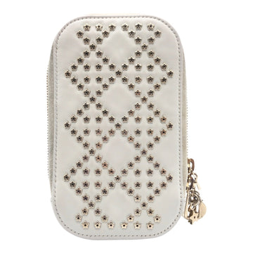 Christian Dior Dior Lady White Gold Hardware Leather S0872BNHB Shoulder Bag Phone Pouch Case Women's