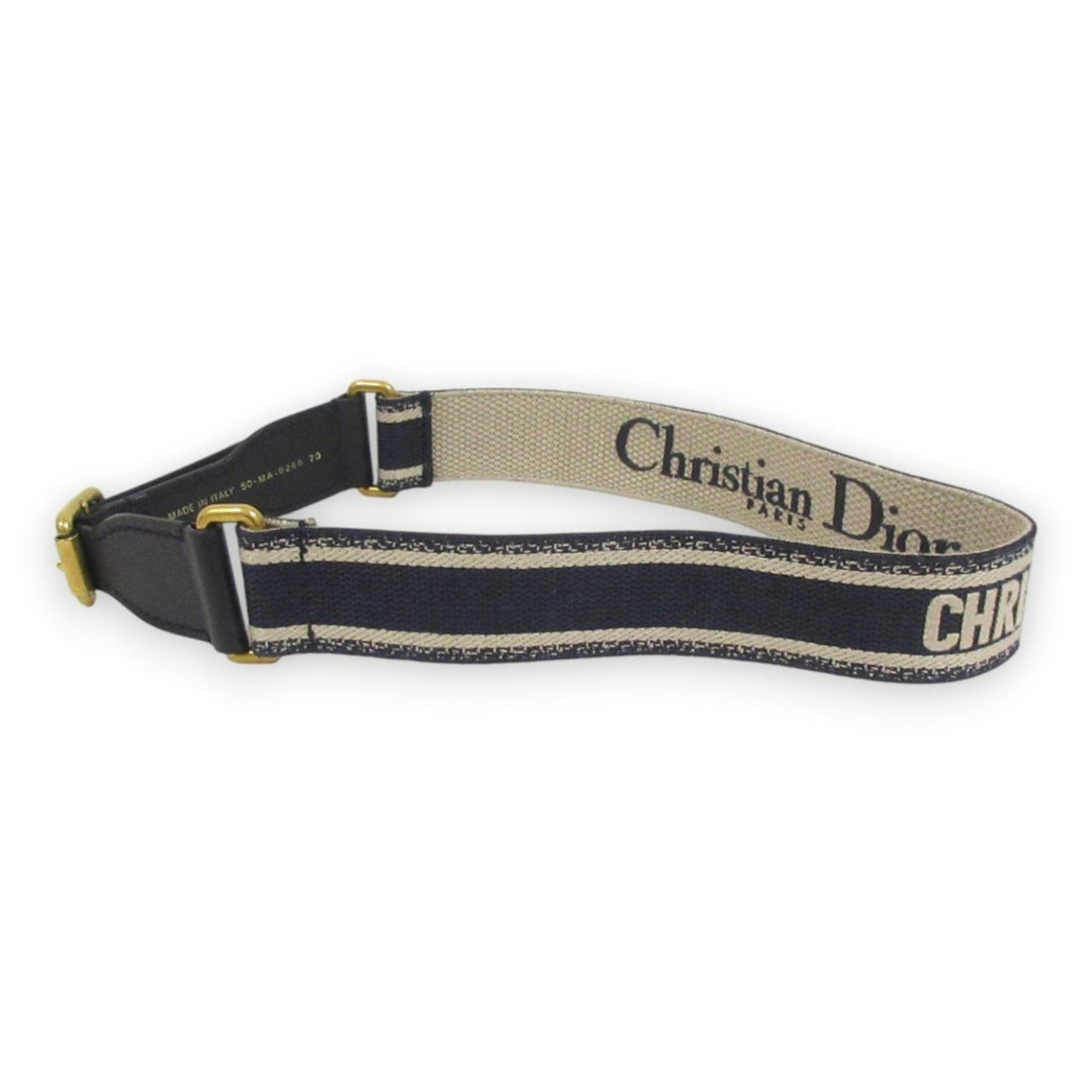 Christian Dior CD logo embroidered canvas leather belt size 70 navy x beige women's