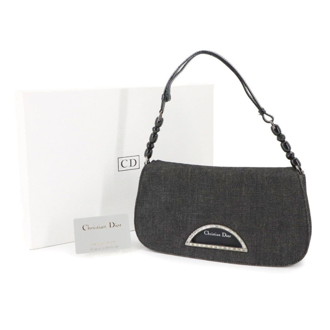 Christian Dior Maris Pearl Shoulder Bag Denim Leather Black Beads Silver Hardware