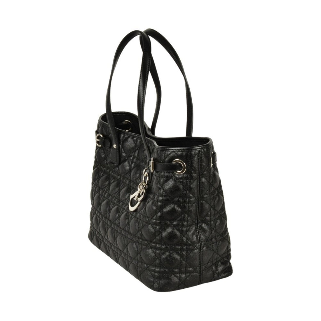 Christian Dior Dior Cannage Pana Tote Bag Coated Canvas Leather Black Women's