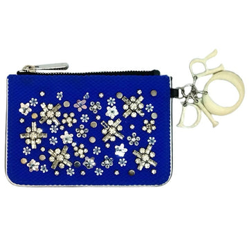 Christian Dior Dior Coin Purse Mesh Beads Case Canvas Leather Blue