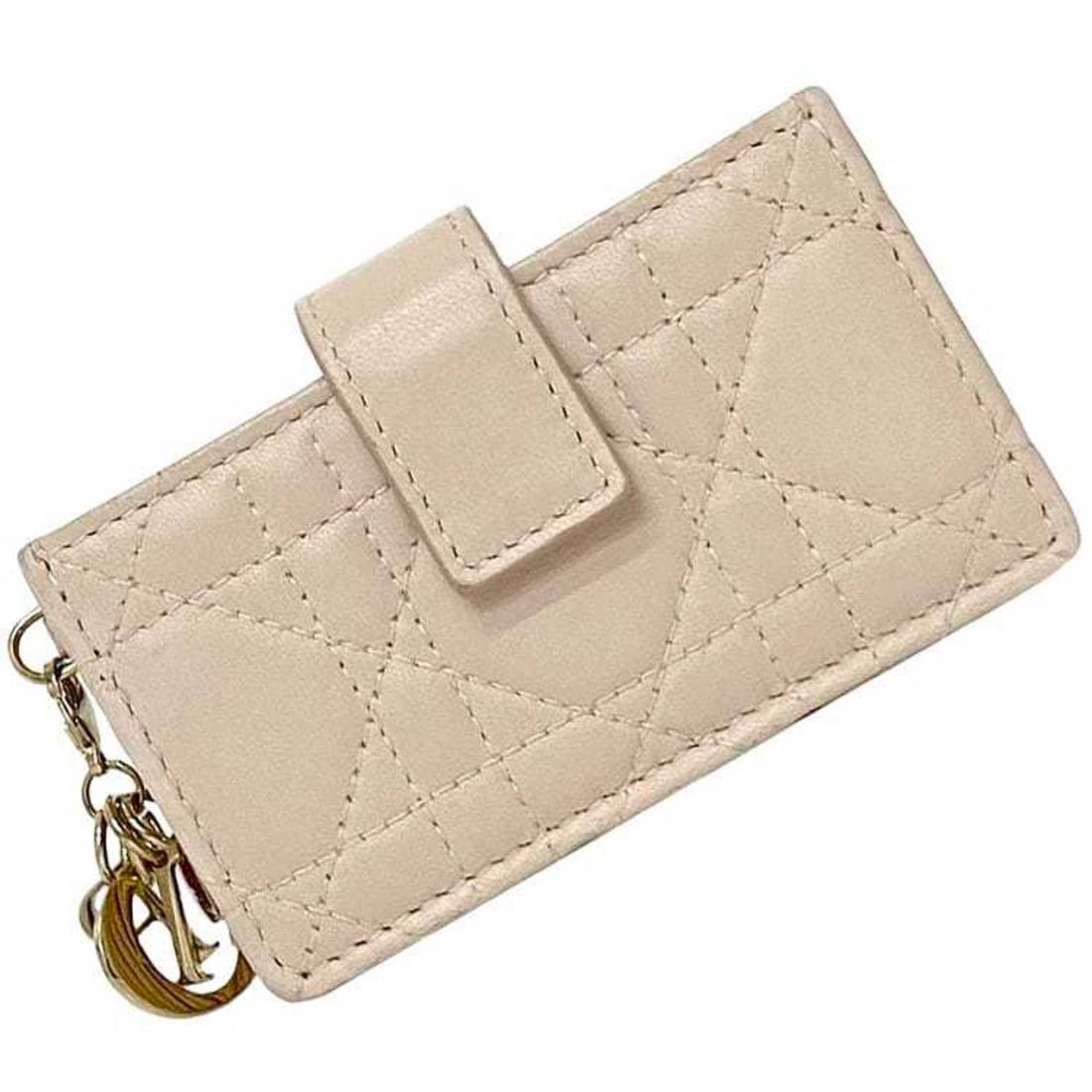 Christian Dior Card Case f-23020 Beige Lady Cannage Leather 43 MA 0158 Metal Charm Holder Quilted Genuine Soft Credit Storage