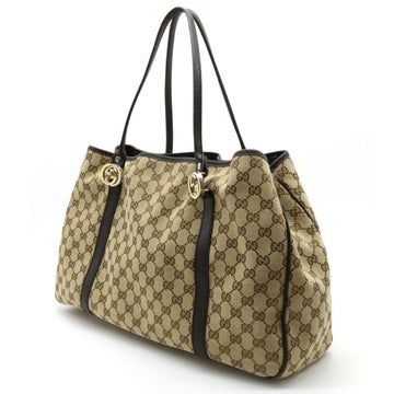 GUCCI VS Twins Canvas Tote Bag Shoulder Leather Khaki Beige Dark Brown 232956