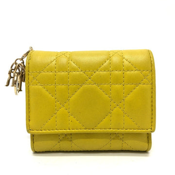 Christian Dior Dior Lady Cannage Lotus Wallet Compact Tri-fold Leather Women's Yellow Gold Hardware