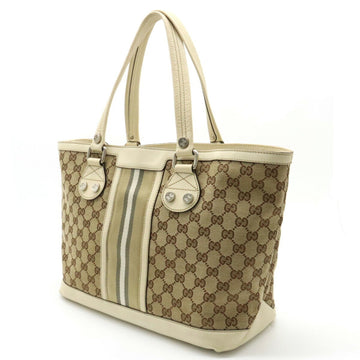 GUCCI VS Canvas Striped Tote Bag Shoulder Leather Khaki Beige Light 232973