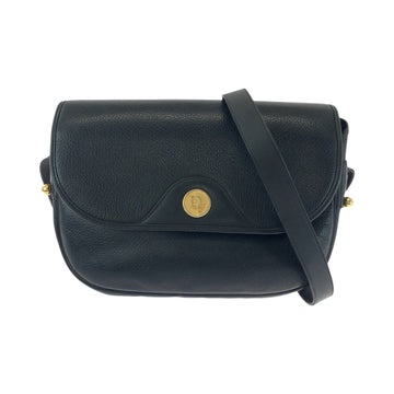 Christian Dior Dior Vintage Round Logo Black Gold Hardware Leather Shoulder Bag Pochette Women's