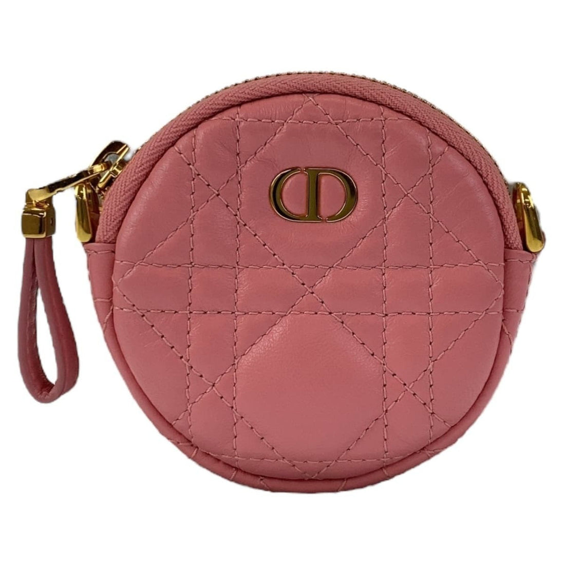 Christian Dior Dior Cannage Caro Mini Round Pink Gold Hardware Leather Shoulder Bag Pouch Women's