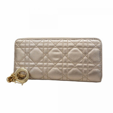Christian Dior Long Wallet Cannage Leather Champagne Gold Women's