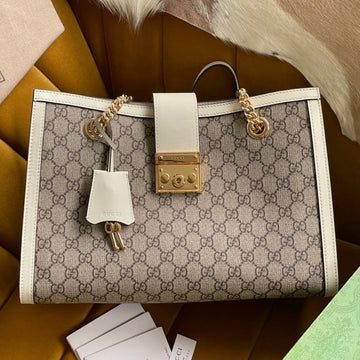 VS PADLOCK LARGE 35 SHOULDER BAG BEIGE CANVAS AND WHITE CALFSKIN
