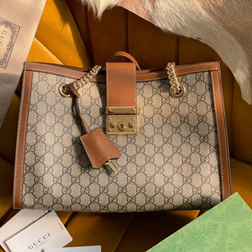 VS PADLOCK LARGE 35 SHOULDER BAG BEIGE CANVAS AND BROWN CALFSKIN