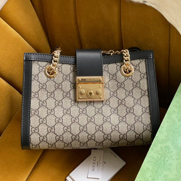 VS PADLOCK MEDIUM 26 SHOULDER BAG BEIGE CANVAS AND BLACK CALFSKIN
