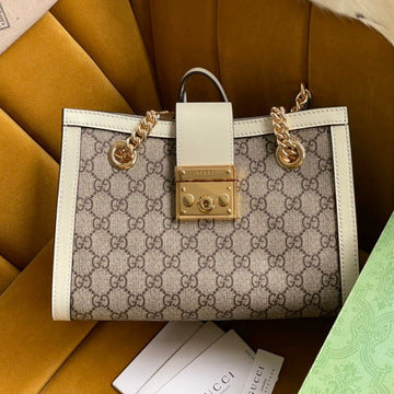 VS PADLOCK MEDIUM 26 SHOULDER BAG BEIGE CANVAS AND WHITE CALFSKIN