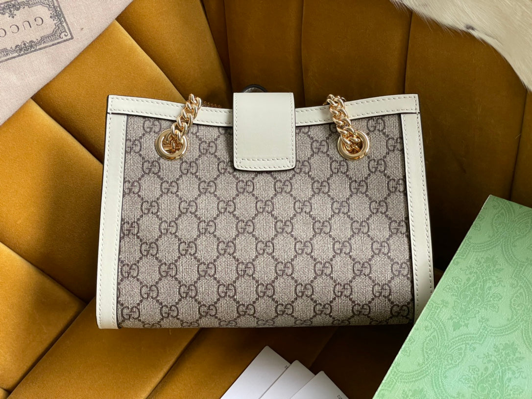VS PADLOCK MEDIUM 26 SHOULDER BAG BEIGE CANVAS AND WHITE CALFSKIN