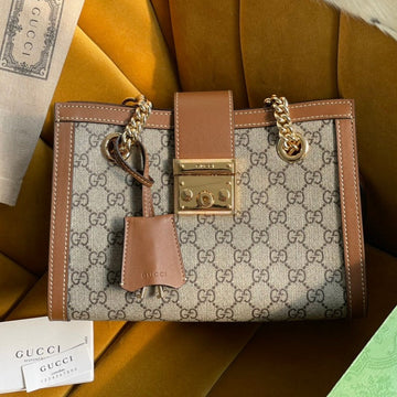 VS PADLOCK MEDIUM 26 SHOULDER BAG BEIGE CANVAS AND BROWN CALFSKIN