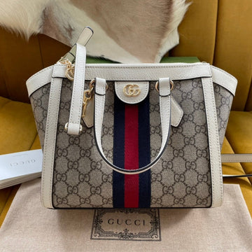 VS OPHIDIA 24 TOTE IN BEIGE CANVAS AND WHITE CALFSKIN