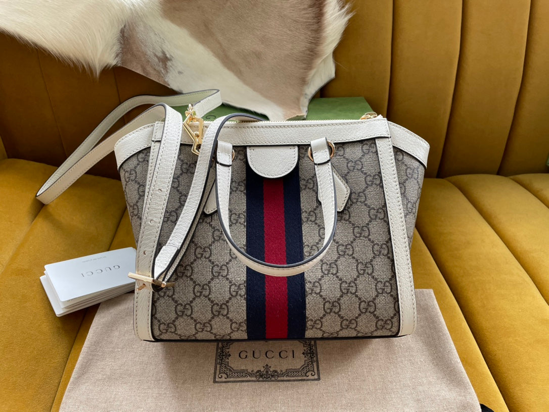 VS OPHIDIA 24 TOTE IN BEIGE CANVAS AND WHITE CALFSKIN