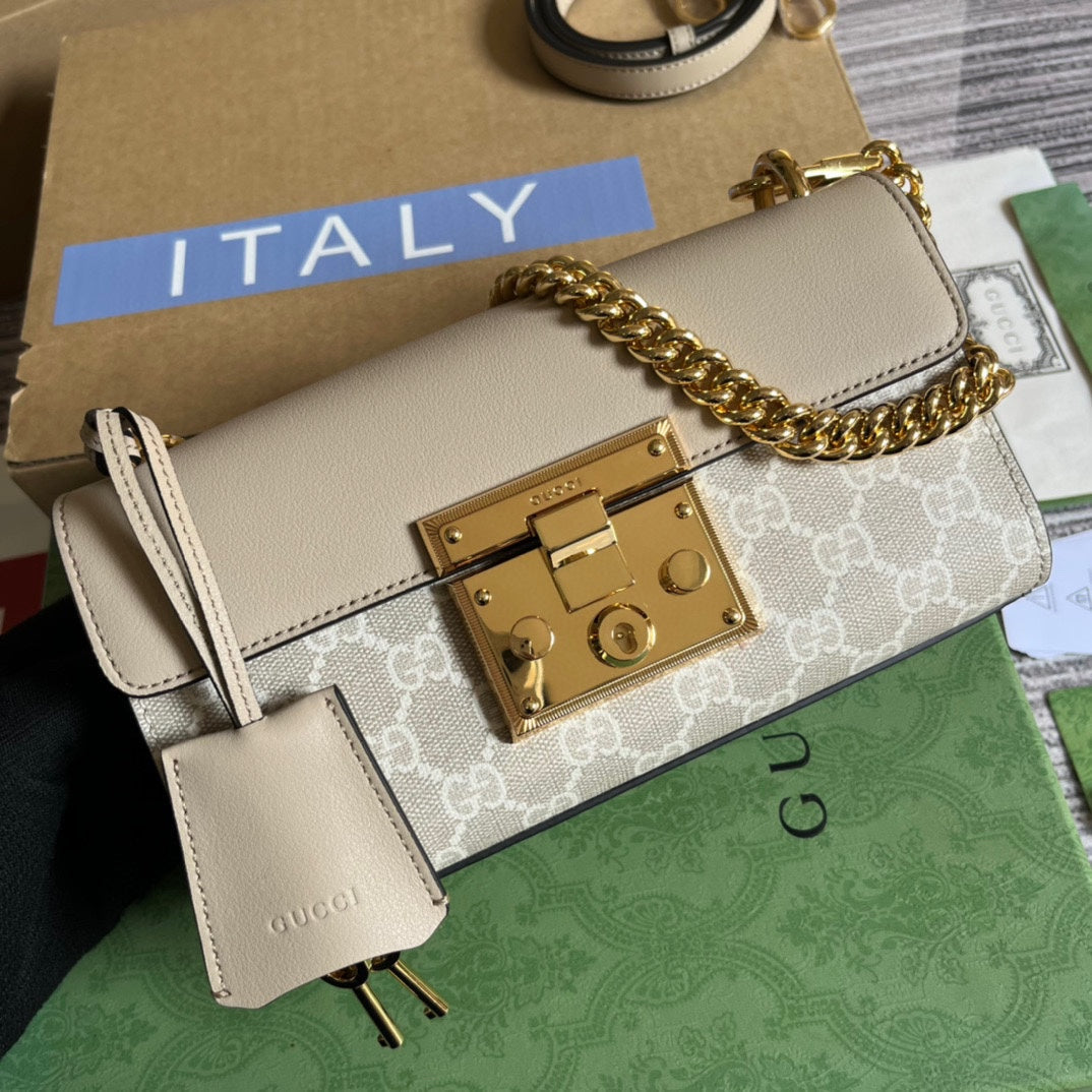 PADLOCK 22 SMALL VS SHOULDER BAG IN BEIGE CALFSKIN AND CANVAS