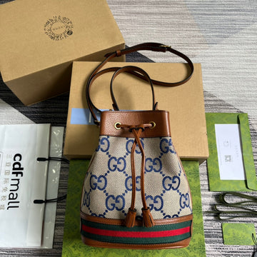 VS OPHIDIA SMALL 26 BUCKET BAG IN BEIGE CANVAS AND BROWN CALFSKIN