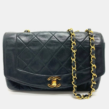 Black Leather Quilted Vintage Diana Flap Shoulder Bag